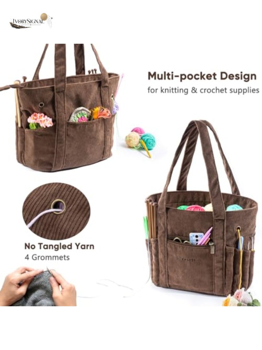 Corduroy Yarn Bag - Crochet Storage Tote with Grommets for Tangle-Free Yarn